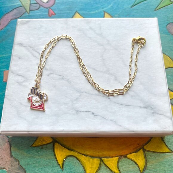 KitKat Enamel Charm Gold Paper Clip Chain Pendant Necklace - Picture 3 of 4